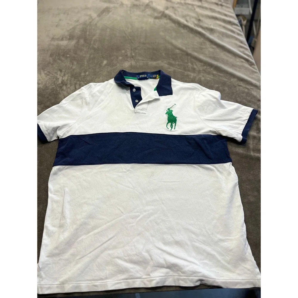 Polo Ralph Lauren Mens Classic Fit Big Pony Polo Shirt White‎ Navy Blue Large